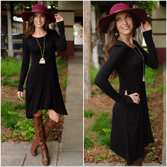 ✨LAST ONE✨Black Long Sleeve Asym. Dress w/Pockets - Picture 3 of 5